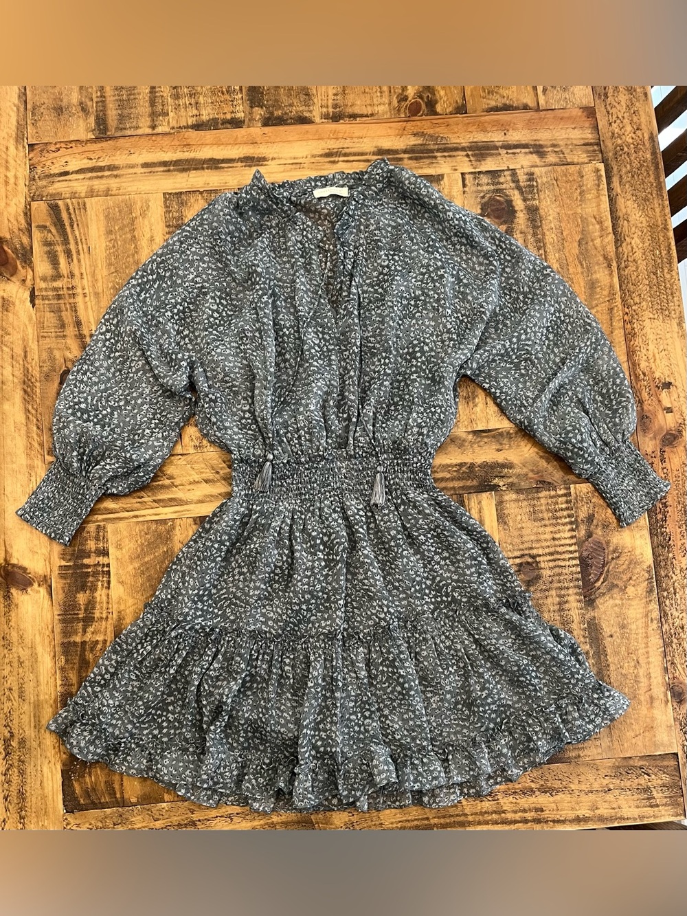 lovestitch Gray Floral Long Sleeve Smocked Mini Dress